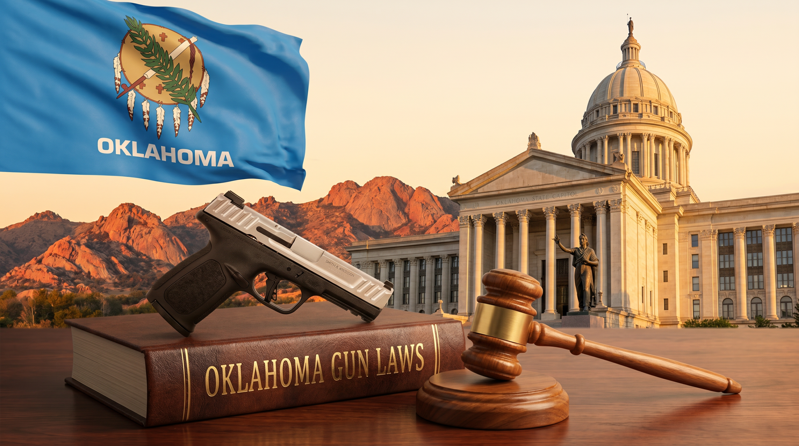 Oklahoma Gun Laws (2026): Constitutional Carry (HB 2597), SDA License & Make My Day 4 Oklahoma Gun Laws editorial composite — state flag, capitol building, landmark landscape, and law-themed gun + gavel scene
