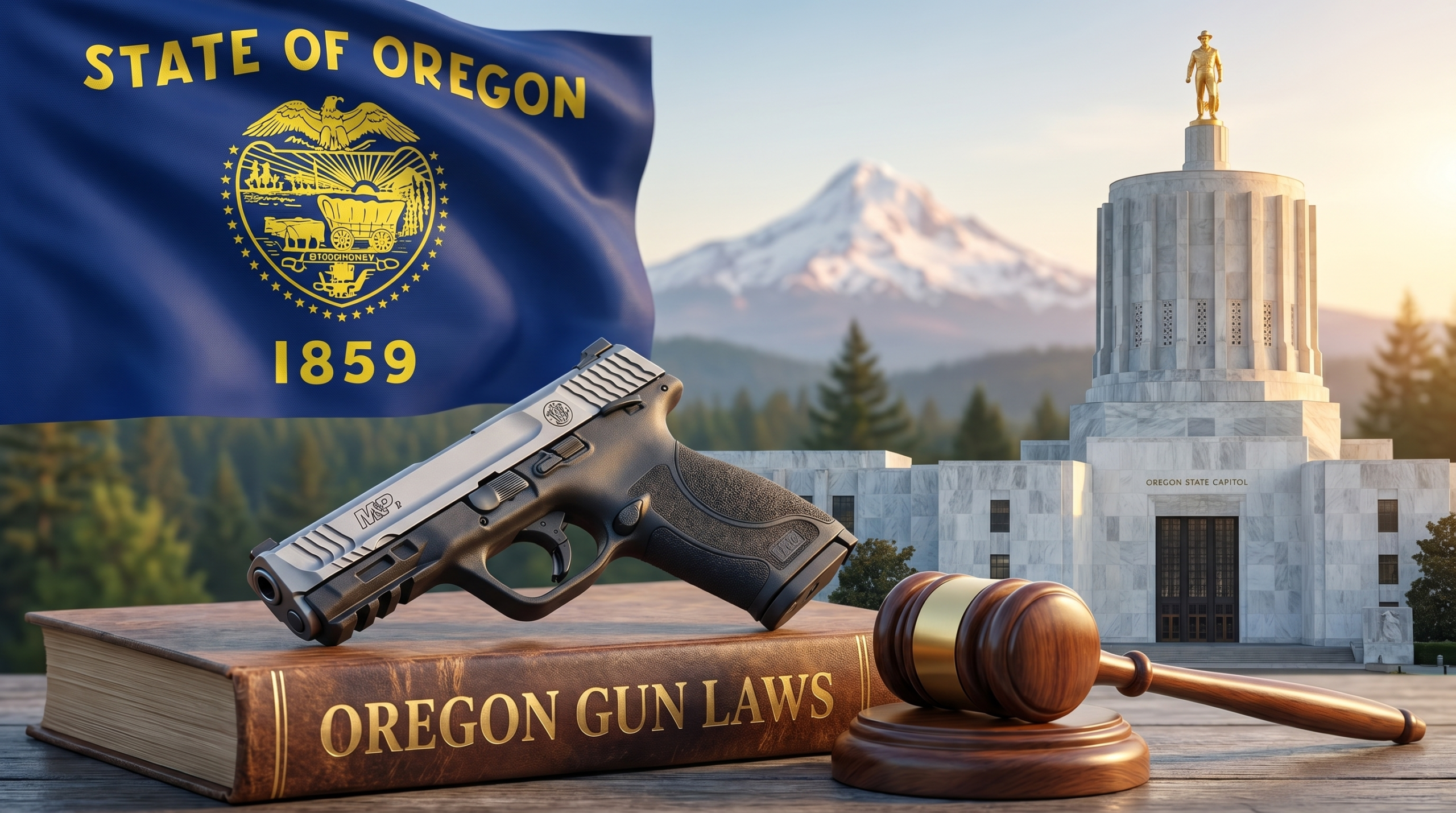 Oregon Gun Laws (2026): CHL, Measure 114 Status, SB 243 & Sandoval 3 Oregon Gun Laws editorial composite — state flag, capitol building, landmark landscape, and law-themed gun + gavel scene