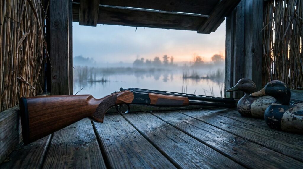 8 Best Over/Under Shotguns Under $1,000 in 2026 12 CZ Drake over and under shotgun with matte black receiver and walnut stock resting in a misty pre-dawn duck blind with carved wooden decoys overlooking still water