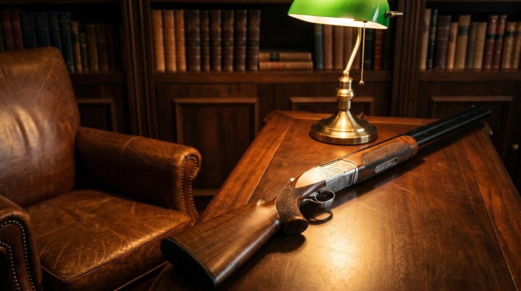 8 Best Over/Under Shotguns Under $1,000 in 2026 13 CZ Redhead Premier over and under shotgun with ornate silver-engraved receiver and walnut stock on a walnut gun-room desk beside a leather club chair under a green banker lamp