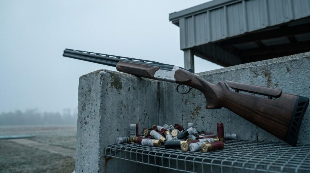 8 Best Over/Under Shotguns Under $1,000 in 2026 15 Stevens 555 over and under shotgun propped on the corner of a concrete trap-shooting station with spent 12-gauge hulls in foggy overcast midday light