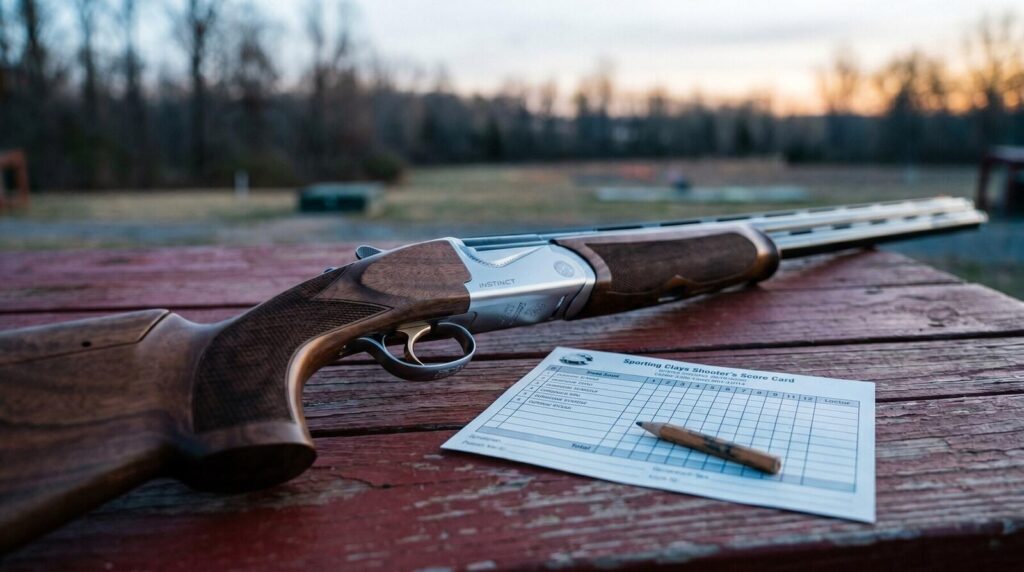 8 Best Over/Under Shotguns Under $1,000 in 2026 17 Franchi Instinct L over and under shotgun with polished silver receiver and walnut stock on a weathered red picnic table at a sporting-clays course with a printed shooter scorecard and pencil in cool morning blue-grey light
