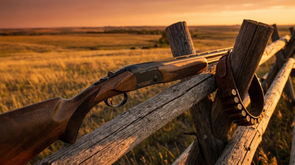 8 Best Over/Under Shotguns Under $1,000 in 2026 18 Weatherby Orion over and under shotgun with matte black receiver and walnut stock resting against a weathered cedar split-rail fence overlooking a golden ranch field with a leather shell belt at sunset