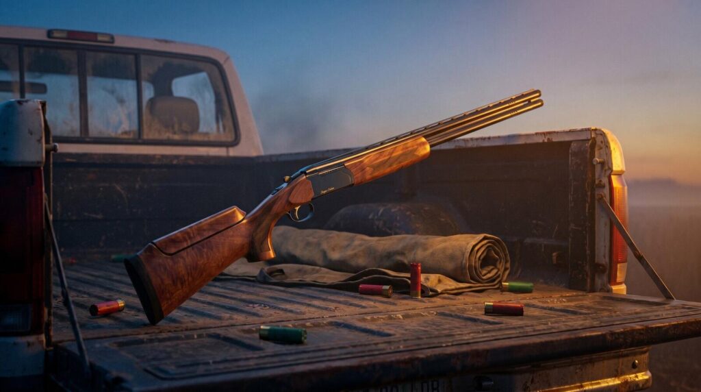 8 Best Over/Under Shotguns Under $1,000 in 2026 19 Stoeger Condor over and under shotgun lying in the bed of a dusty pickup truck with scattered shotgun hulls and rolled canvas tarp at blue-hour dusk with warm sodium-vapor camp light