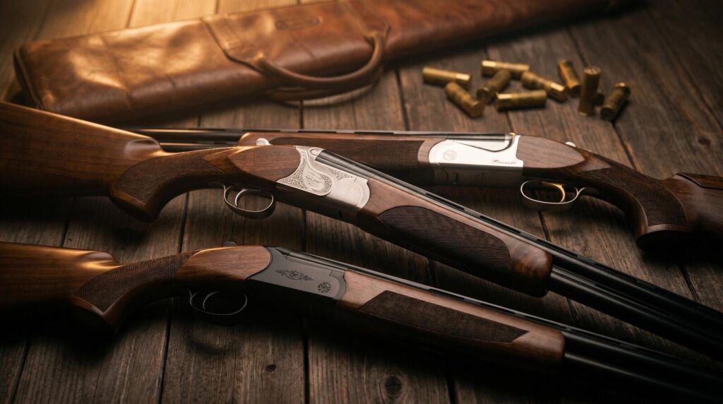 8 Best Over/Under Shotguns Under $1,000 in 2026 11 Cinematic editorial composite of three over and under shotguns on dark cedar planks with leather rifle case and scattered 12-gauge shotgun shells in warm tungsten rim lighting