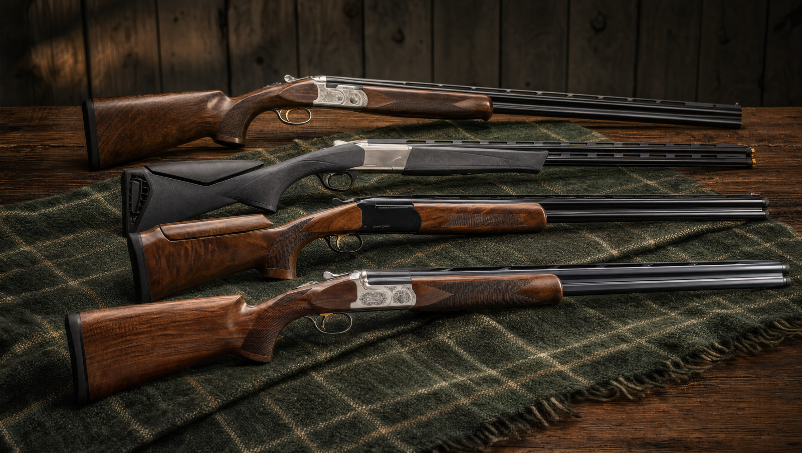 8 Best Over/Under Shotguns in 2026: From Budget to Premium 1 Editorial composite of four over/under shotguns staggered on a dark cedar table with pine-green plaid wool blanket — Beretta 686 Silver Pigeon I Browning Cynergy CX Stoeger Condor Competition and Caesar Guerini Summit Sporting from top to bottom