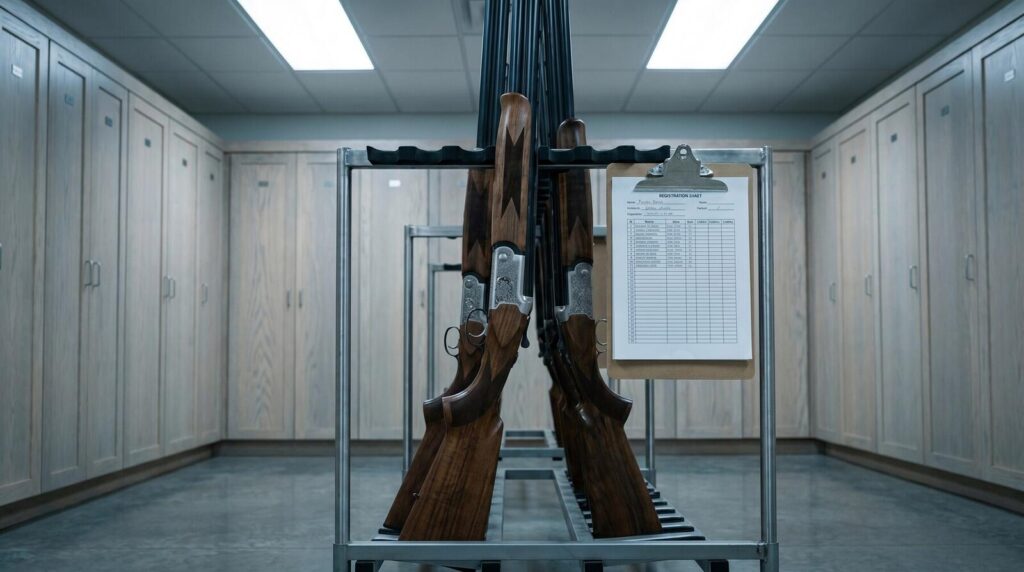8 Best Over/Under Shotguns Under $1,000 in 2026 16 Two TriStar Trinity over and under shotguns standing in a competition gun rack at an indoor sporting clays clubhouse with pale ash lockers, polished concrete floor, and cool overhead industrial daylight