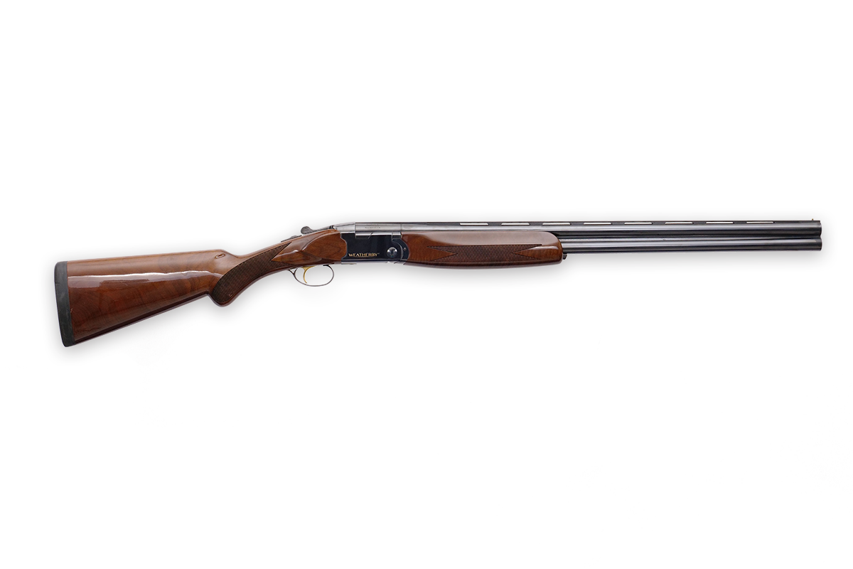8 Best Over/Under Shotguns Under $1,000 in 2026 18 Weatherby Orion over and under shotgun with matte black receiver and walnut stock resting against a weathered cedar split-rail fence overlooking a golden ranch field with a leather shell belt at sunset