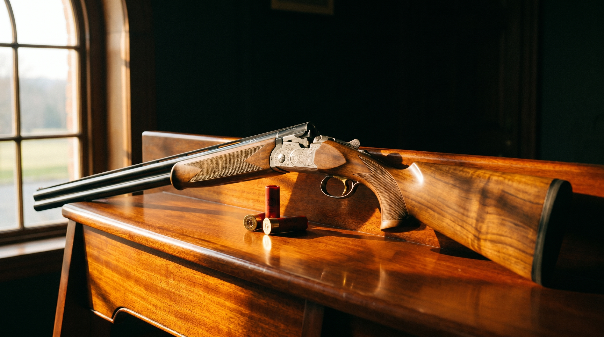 Beretta 686 Silver Pigeon Sporting over-under shotgun on a mahogany shooting bench in warm late golden hour light