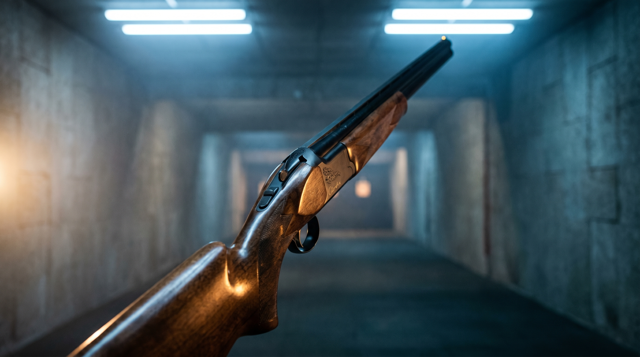 Browning Citori CXS over-under shotgun low-angle hero shot in moody indoor skeet range with warm tungsten side-light and cool overhead range ambient
