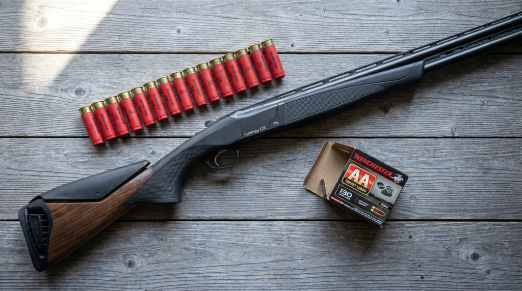 8 Best Shotguns for Skeet Shooting in 2026: O/Us, Semi-Autos, and More 13 Browning Cynergy CX over-under shotgun open at the action in a top-down flat-lay on weathered grey cedar planks with 12-gauge skeet shells, choke tubes, and hearing protection