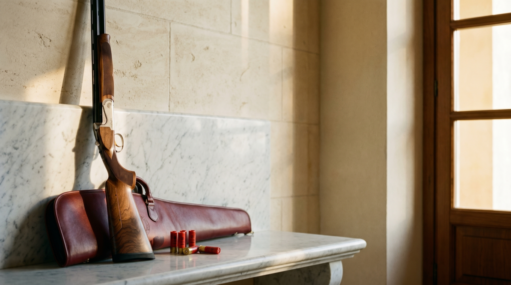 8 Best Shotguns for Skeet Shooting in 2026: O/Us, Semi-Autos, and More 14 Franchi Instinct Sporting II over-under shotgun propped against polished marble bench at an Italian sporting clubhouse with oxblood leather gun slip and warm side-window light