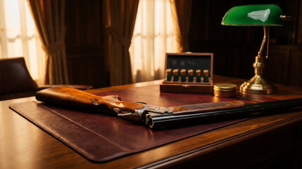 8 Best Shotguns for the Money in 2026: Maximum Value at Every Price 25 CZ Redhead Premier over-under shotgun on a deep oxblood leather mat in a vintage gun room with late-afternoon library light and warm amber shadows