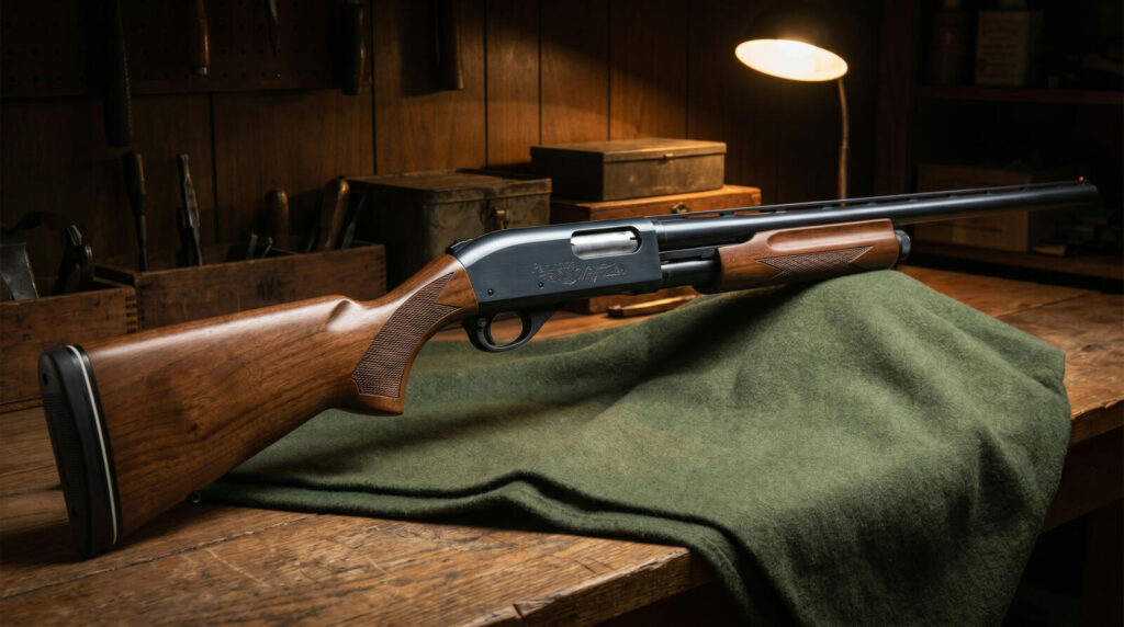 Remington 870 vs Mossberg 500: The Definitive Pump Shotgun Showdown (2026) 16 Classic blued Remington 870 Wingmaster pump-action 12-gauge shotgun with walnut stock and engraved receiver on green wool blanket in wood-paneled gunroom at dusk