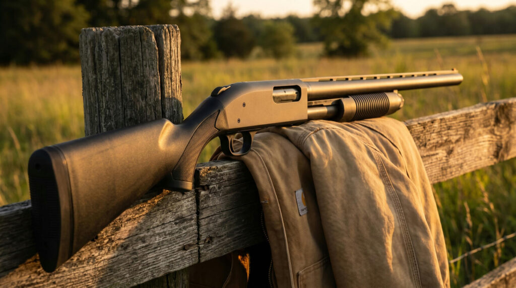 Remington 870 vs Mossberg 500: The Definitive Pump Shotgun Showdown (2026) 17 Matte black Mossberg 500 Field pump-action 12-gauge shotgun with synthetic stock and parkerized receiver on tan Carhartt jacket draped over cedar fence at golden hour
