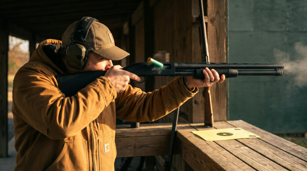 Remington 870 vs Mossberg 500: The Definitive Pump Shotgun Showdown (2026) 19 Shooter in Carhartt jacket cycling a black pump-action 12-gauge shotgun at outdoor range bench with green Federal shotshell ejecting at golden hour