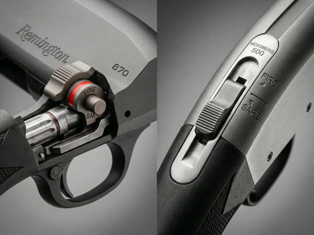 Remington 870 vs Mossberg 500: The Definitive Pump Shotgun Showdown (2026) 18 Extreme macro comparison of Remington 870 cross-bolt safety button next to Mossberg 500 top-tang safety lever under studio lighting