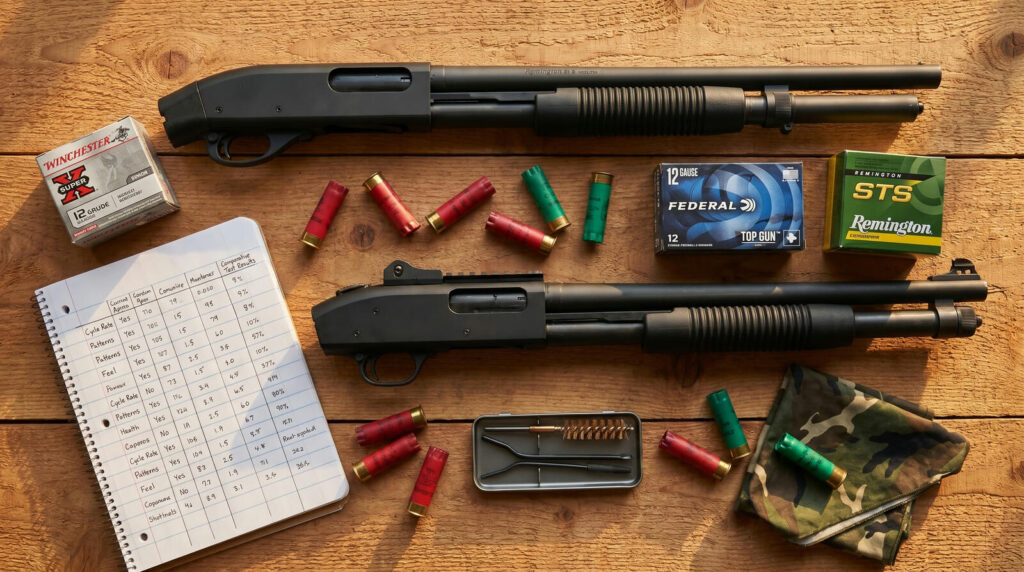 Remington 870 vs Mossberg 500: The Definitive Pump Shotgun Showdown (2026) 20 Top-down flat-lay of two pump-action shotgun receivers with handwritten test notebook, three boxes of 12-gauge ammunition, spent shotshell hulls, cleaning kit on cedar workbench
