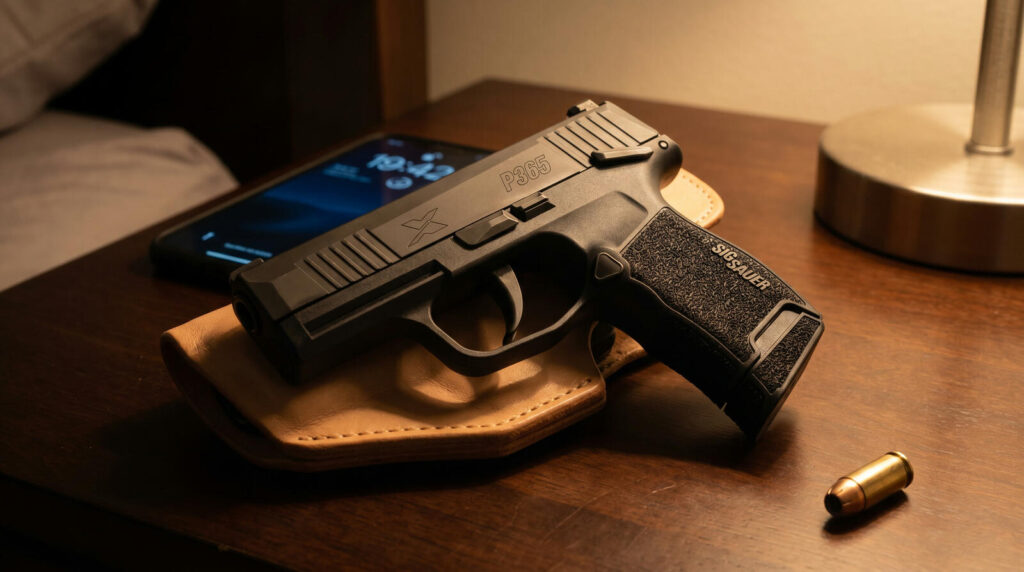 Best Gun for Women's Self Defense (2026): 8 Picks for Every Scenario 38 Sig Sauer P365 micro-compact 9mm pistol with flush 10-round magazine on tan leather Kydex holster on bedroom nightstand with single brass Federal HST cartridge