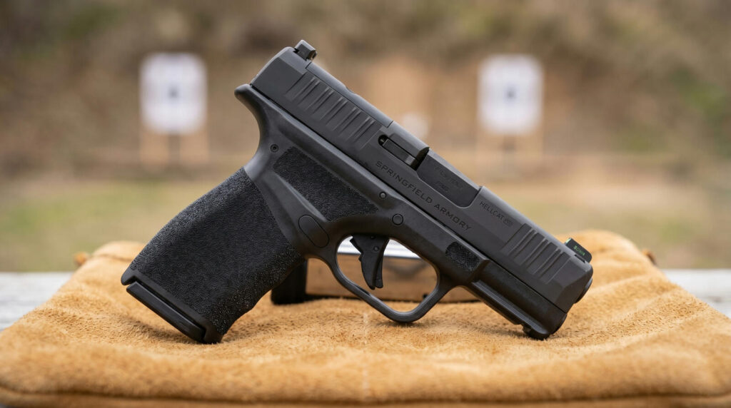 Best Gun for Women's Self Defense (2026): 8 Picks for Every Scenario 40 Springfield Hellcat Pro 9mm pistol with U-Dot night sights and 15-round magazine on tan deer-hide leather range pouch at outdoor pistol bay