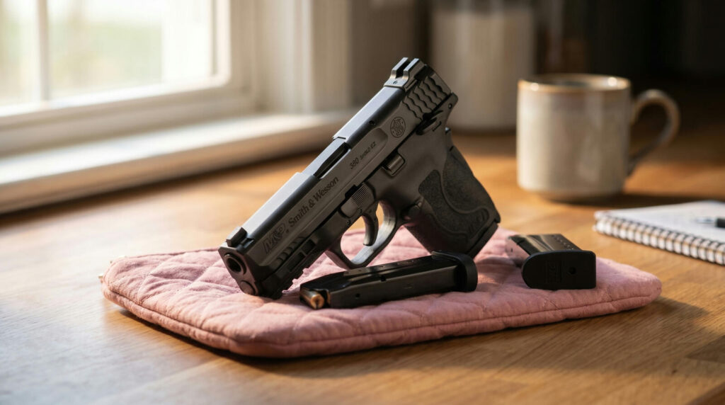 Best Gun for Women's Self Defense (2026): 8 Picks for Every Scenario 43 Smith and Wesson M&P 380 Shield EZ pistol with easy-rack slide on pink concealed-carry purse insert on residential kitchen counter at morning