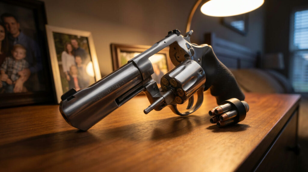 Best Gun for Women's Self Defense (2026): 8 Picks for Every Scenario 45 Stainless Ruger SP101 .357 Magnum revolver with rubber Hogue grips and speed loader on walnut bedroom dresser at dusk