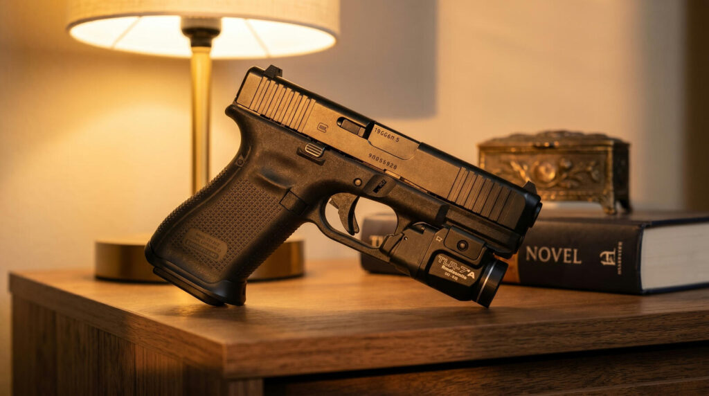Best Gun for Women's Self Defense (2026): 8 Picks for Every Scenario 47 Glock 19 Generation 5 9mm pistol with flared magwell and 15-round magazine on residential bedroom nightstand with hardback novel at golden hour