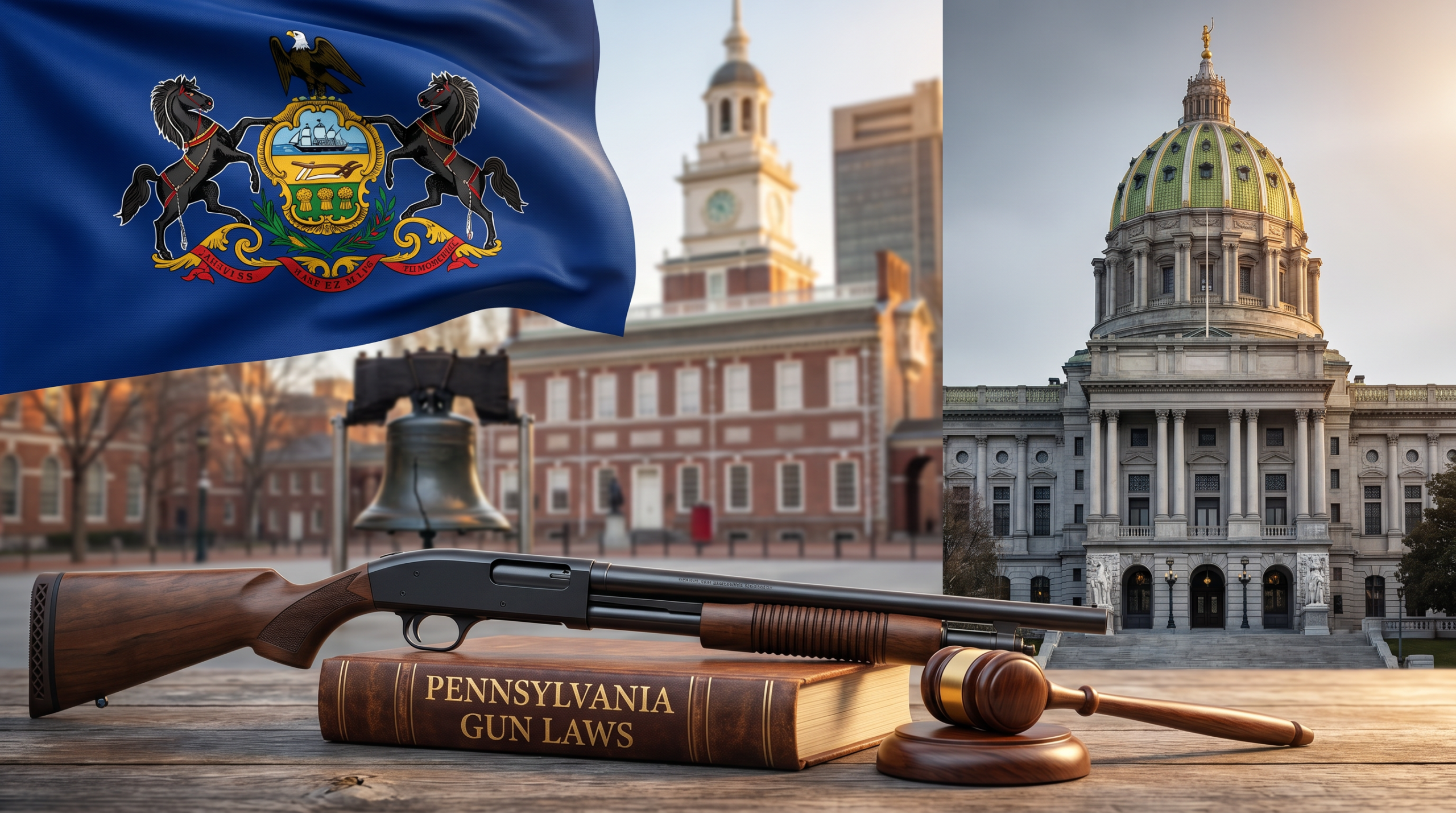 Pennsylvania Gun Laws (2026): LTCF, PICS, Crawford & 18 Pa.C.S. § 6109 2 Pennsylvania Gun Laws editorial composite — state flag, capitol building, landmark landscape, and law-themed gun + gavel scene