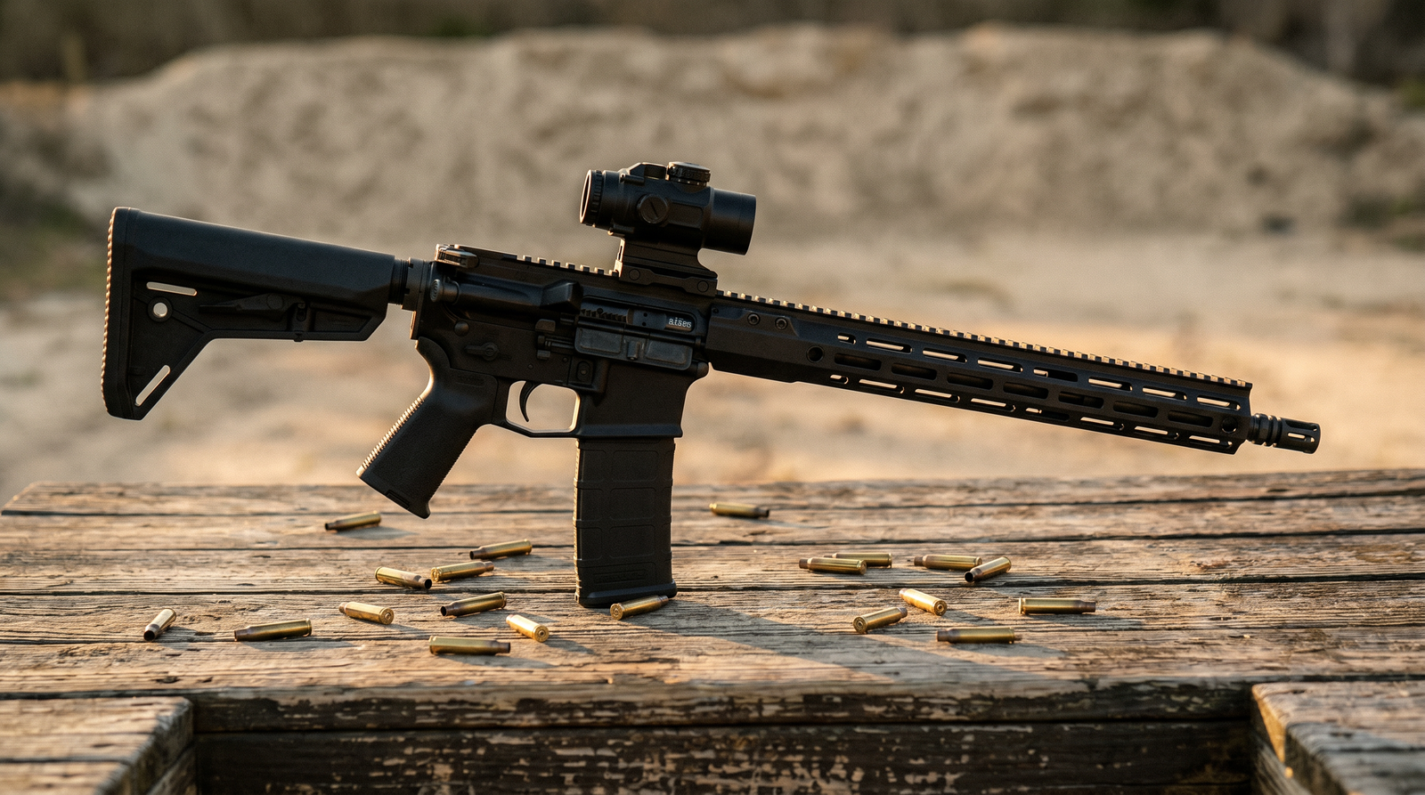8 Best Prism Scopes in 2026: Tested and Ranked 26 Black Aero Precision M4E1 AR-15 5.56 rifle with compact Primary Arms SLx 1x MicroPrism etched-glass prism scope mounted on Picatinny top rail laid across weathered wooden range bench at golden hour with brass 5.56 casings scattered on bench and sand berm in soft defocus