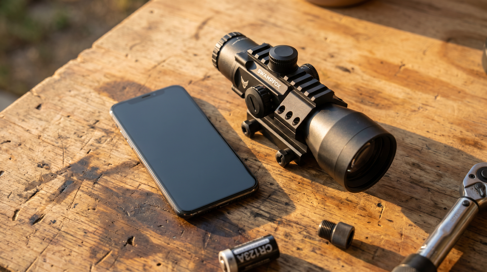 8 Best Prism Scopes in 2026: Tested and Ranked 37 Top-down lifestyle product photograph of compact black Swampfox Blade 1x25 prism scope with integrated Picatinny mount and 25mm objective lens staged on weathered wood workbench beside modern smartphone for size reference with CR123A battery, AR-15 thread protector and brass torque wrench visible at frame edge under warm late-afternoon side-light