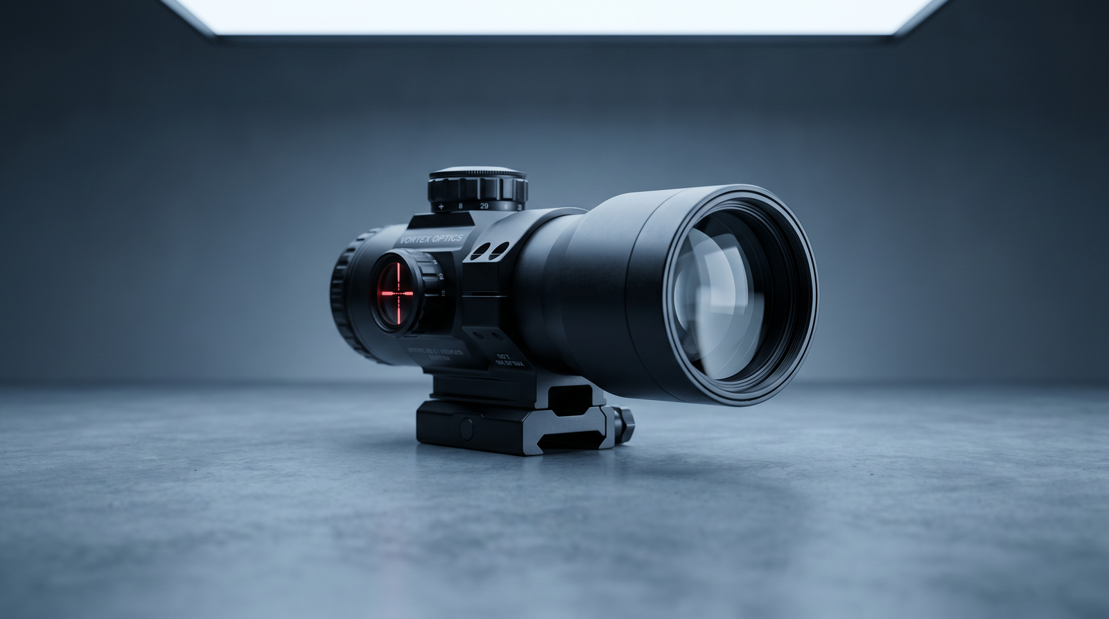 8 Best Prism Scopes in 2026: Tested and Ranked 33 Side-profile studio macro of Vortex Spitfire HD Gen II 3x prism scope with compact black aluminum housing, large objective lens with HD glass showing crystal-clear glass clarity catching cool overhead LED studio key light on polished concrete surface in cool blue-grey monochrome palette with rim light along housing top edge