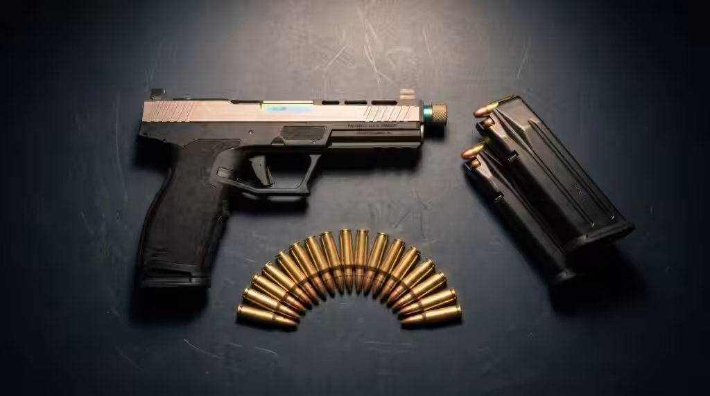 PSA 5.7 Rock Review: 800 Round Test of the Most Affordable 5.7 Pistol (2026) 10 PSA 5.7 Rock displayed beside three loaded 23-round PSA 5.7 magazines and a half-moon fan of bottlenecked 5.7x28mm cartridges on dark slate studio surface under dramatic overhead spot light