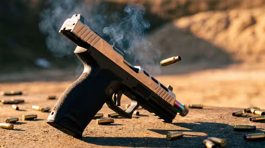 PSA 5.7 Rock Review: 800 Round Test of the Most Affordable 5.7 Pistol (2026) 12 PSA 5.7 Rock 5.7x28mm pistol mid-recoil-cycle on an outdoor range at golden hour with a bottlenecked brass case frozen mid-air ejecting over a sand berm with scattered fired brass