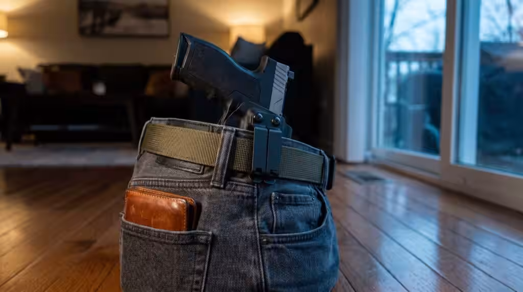 PSA 5.7 Rock Review: 800 Round Test of the Most Affordable 5.7 Pistol (2026) 3 PSA 5.7 Rock 5.7x28mm pistol tucked into a black Kydex IWB concealed-carry holster mounted to charcoal selvedge denim jeans inside a dim home living room at dusk