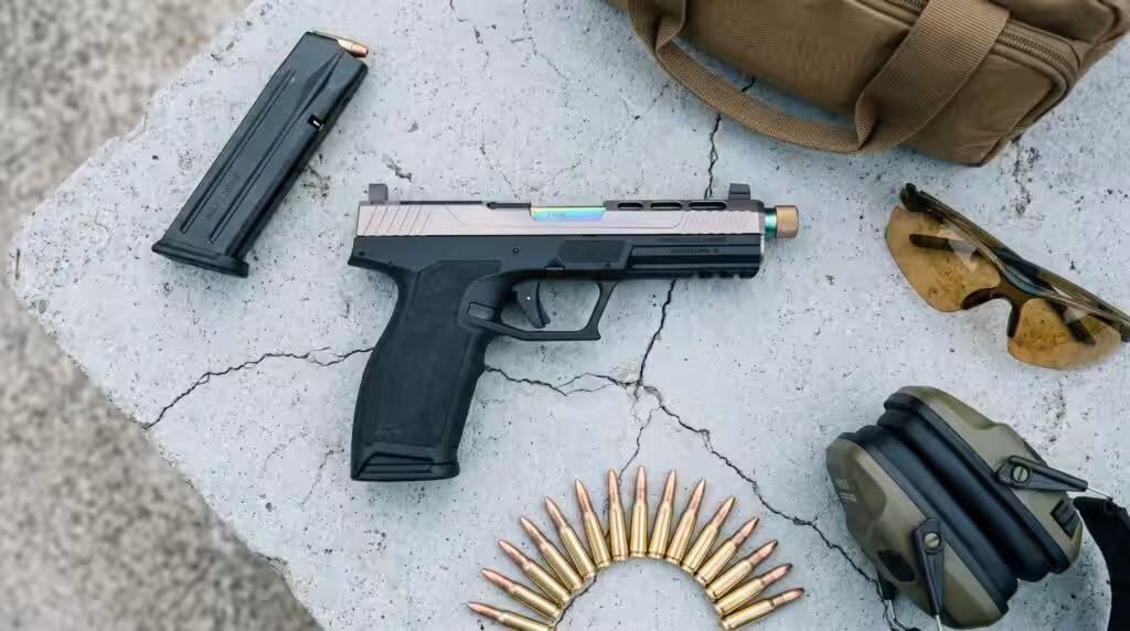 PSA 5.7 Rock Review: 800 Round Test of the Most Affordable 5.7 Pistol (2026) 2 PSA 5.7 Rock 5.7x28mm pistol arranged on weathered concrete with 23-round magazine, tan range bag, amber shooting glasses, olive electronic earmuffs, and Federal American Eagle 5.7x28mm cartridges in cool overcast morning daylight