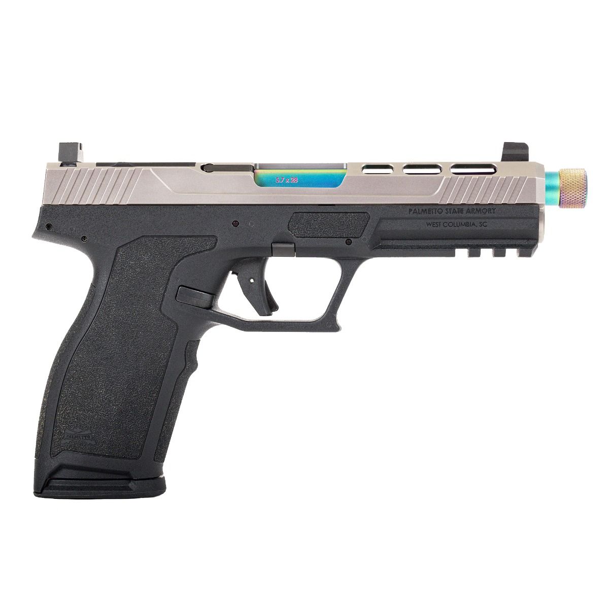 PSA 5.7 Rock Review: 800 Round Test of the Most Affordable 5.7 Pistol (2026) 1 PSA 5.7 Rock standard variant 5.7x28mm pistol product photograph showing two-tone slide, threaded barrel, slide cutout windows, fiber optic front sight, and 23-round magazine