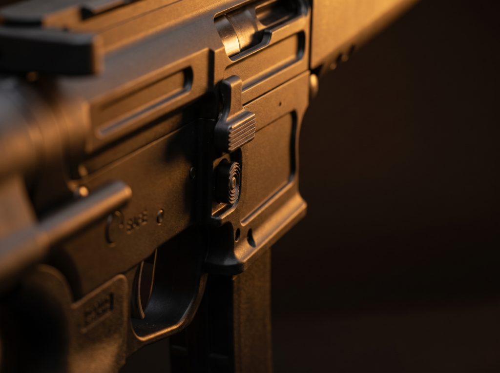 PSA AR-V Review: 1,200 Round Test of the Budget 9mm PCC (2026) 7 Macro close-up of the PSA AR-V receiver showing the AR-style trigger, bolt catch, and Scorpion-pattern magazine well with warm tungsten lighting