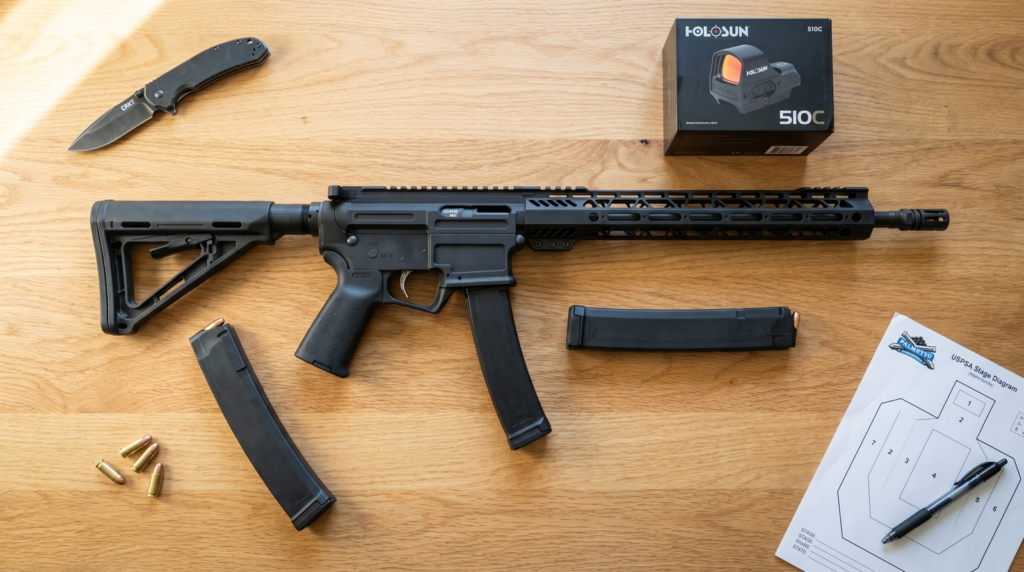 PSA AR-V Review: 1,200 Round Test of the Budget 9mm PCC (2026) 3 PSA AR-V 9mm carbine flat-lay on light oak table with two CZ Scorpion magazines, a Holosun 510C red dot box, brass cartridges, and a USPSA stage diagram