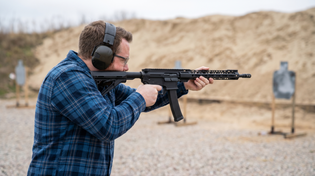 PSA AR-V Review: 1,200 Round Test of the Budget 9mm PCC (2026) 8 Plaid-shirted shooter at an outdoor gravel range shouldering the PSA AR-V 9mm carbine with sand-berm backstop and steel target silhouettes in the background
