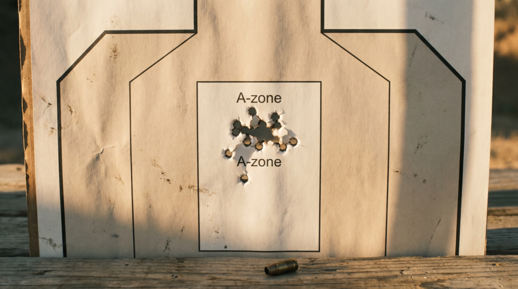 PSA AR-V Review: 1,200 Round Test of the Budget 9mm PCC (2026) 9 IPSC silhouette paper target showing a tight A-zone group from the PSA AR-V 9mm carbine at 25 yards with a single spent brass case on the wooden shooting bench