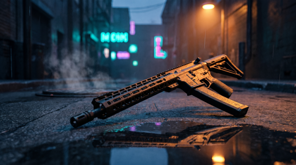 PSA AR-V Review: 1,200 Round Test of the Budget 9mm PCC (2026) 11 PSA AR-V pistol variant photographed on rain-wet urban concrete at blue-hour twilight with distant neon bokeh and warm sodium-vapor street light