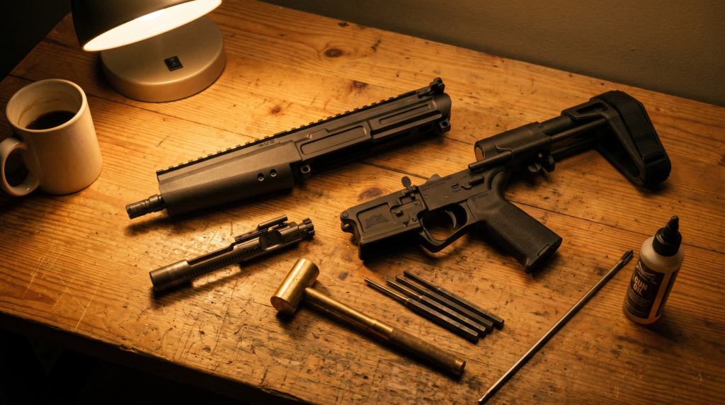 PSA AR-V Review: 1,200 Round Test of the Budget 9mm PCC (2026) 10 PSA AR-V 9mm carbine partially disassembled on a worn pine workbench with cleaning tools, brass mallet, punch set, and gun oil under warm tungsten task lighting