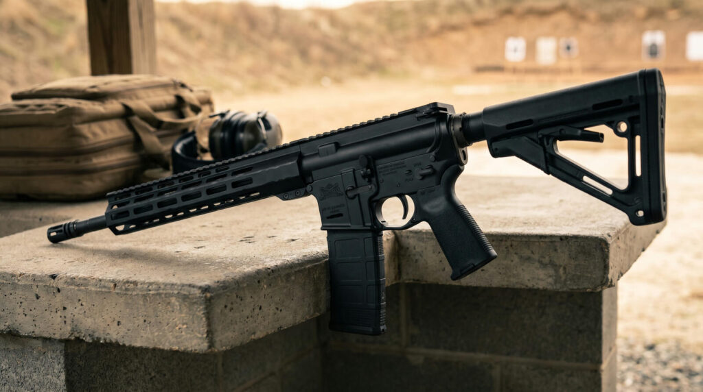 PSA vs Aero Precision: Which Budget AR Brand Wins? (2026) 9 Palmetto State Armory PA-15 carbine on concrete shooting bench with range bag and ear protection