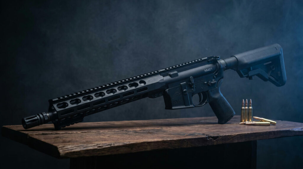 PSA vs Aero Precision: Which Budget AR Brand Wins? (2026) 12 Aero Precision M4E1 with Atlas S-One M-LOK handguard on weathered wood at blue hour