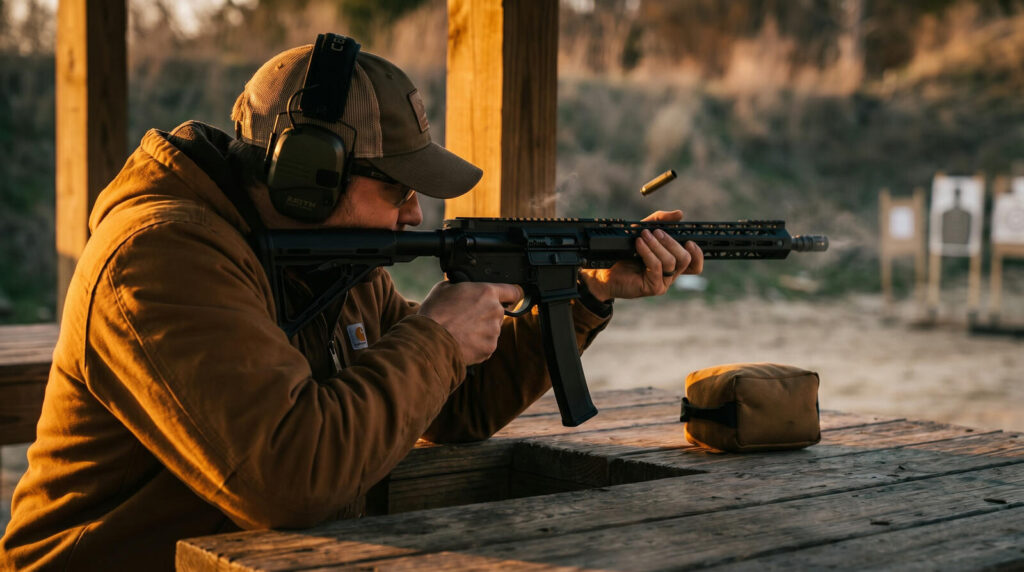 PSA vs Aero Precision: Which Budget AR Brand Wins? (2026) 10 Shooter in Carhartt jacket mounting AR-15 at outdoor range bench with brass ejecting mid-cycle, golden hour