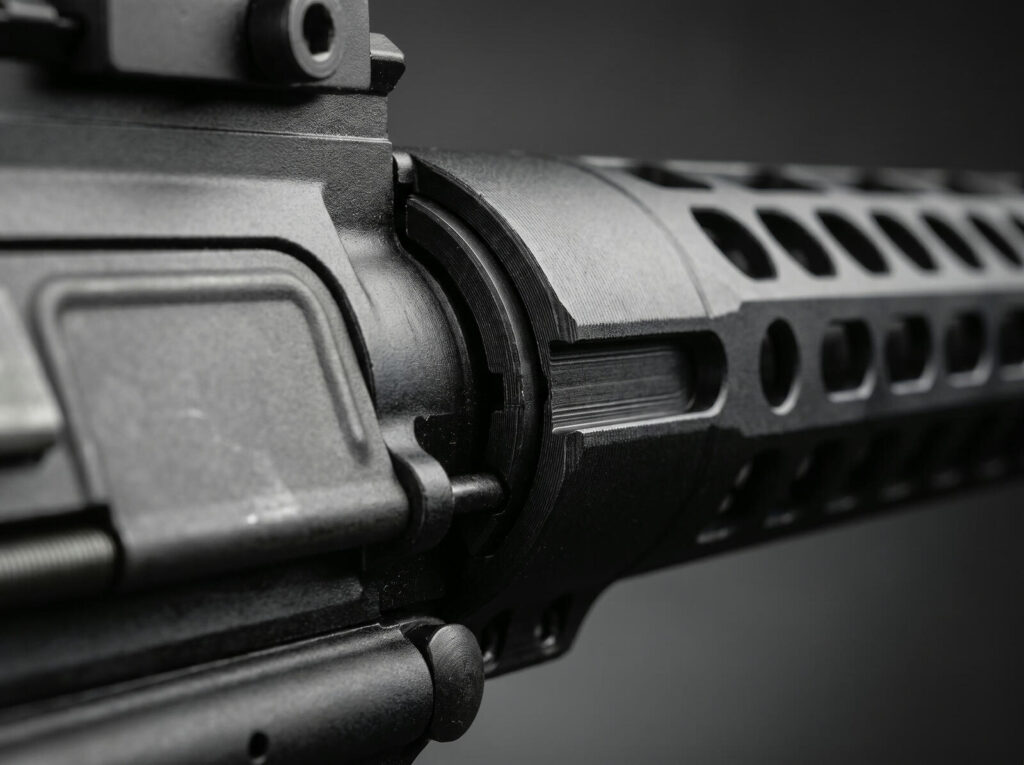 PSA vs Aero Precision: Which Budget AR Brand Wins? (2026) 11 Extreme macro of AR-15 receiver-to-handguard junction showing barrel nut interface and M-LOK slots