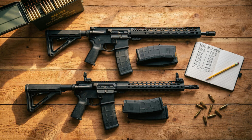 PSA vs Aero Precision: Which Budget AR Brand Wins? (2026) 13 Top-down flat-lay of two AR-15 rifles with PMAGs, pricing notebook, ammunition box and 5.56 brass casings on cedar workbench