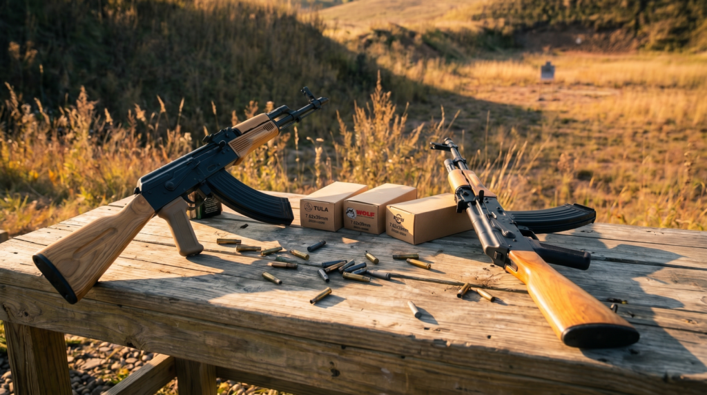 PSAK-47 vs WASR-10: Best Budget AK-47 Showdown (2026) 3 PSAK-47 GF3 and Century Arms WASR-10 laid side by side on a weathered wooden shooting bench at golden hour with 7.62x39mm ammo and spent brass