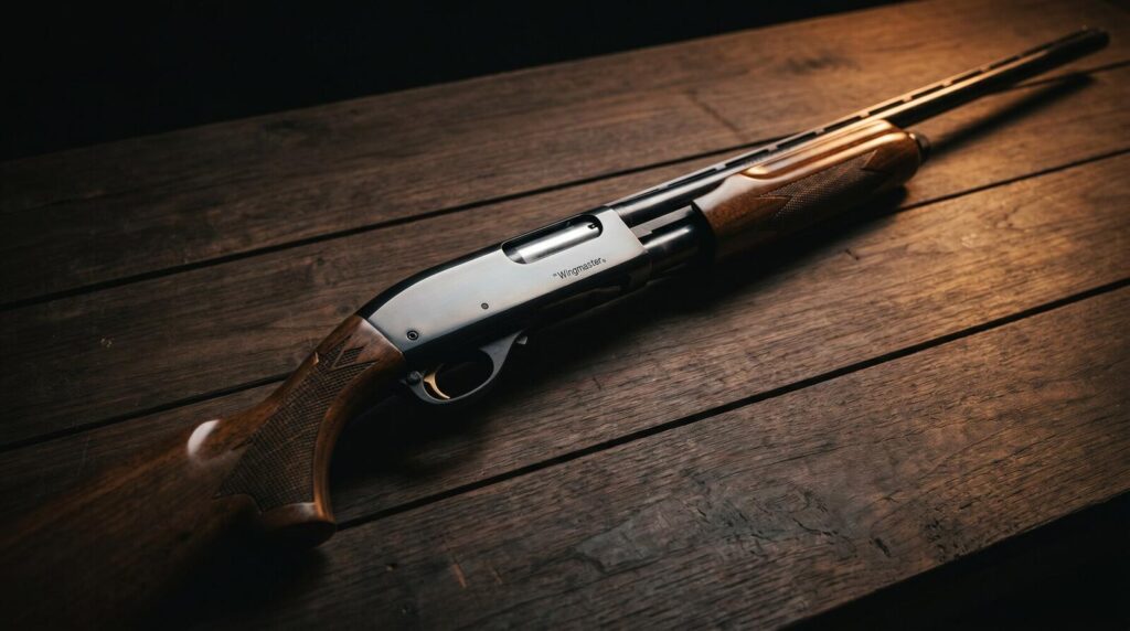 7 Best Remington Shotguns Ranked (2026): From the 870 to the V3 9 Remington 870 Wingmaster pump action shotgun with American walnut stock and blued receiver on dark wood planks with warm tungsten rim lighting