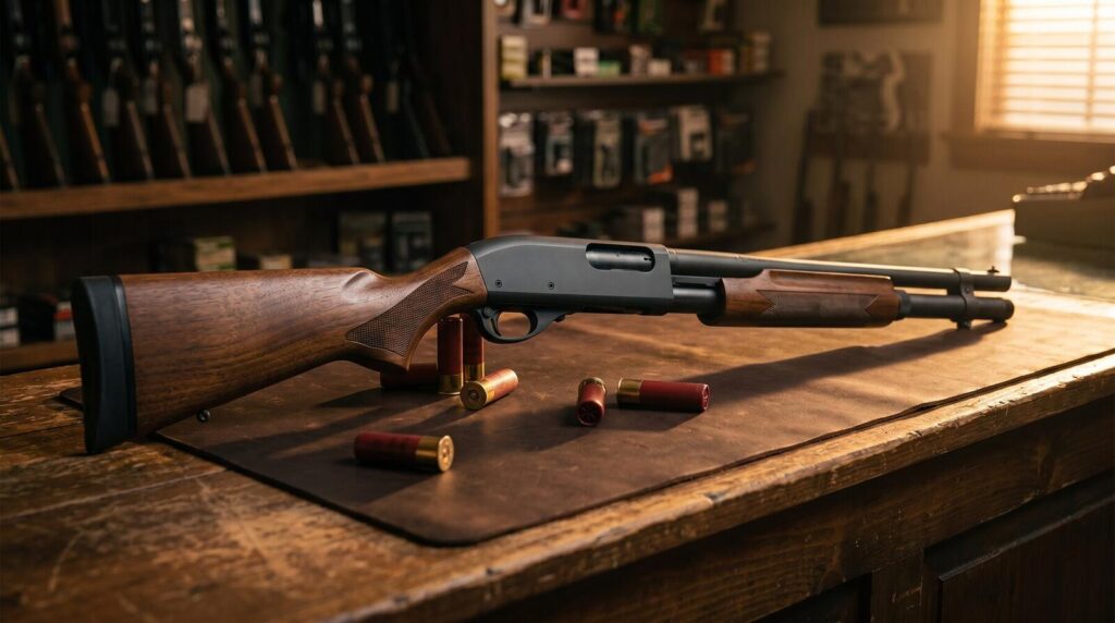 7 Best Remington Shotguns Ranked (2026): From the 870 to the V3 10 Remington 870 Express pump action shotgun on a gun store counter with leather mat and scattered 12 gauge shells in warm golden light